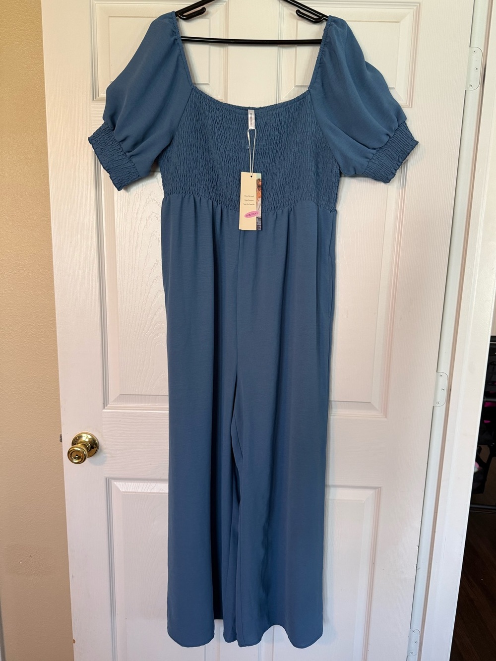 Smocked Square-Neck Jumpsuit in Dusty Blue